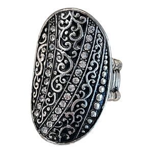 New Ornate Stretch Ring Antique Silver Tone Crystal Accents 2T